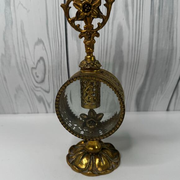 Vintage Gold Ormolu Perfume Bottle Beveled Glass Filigree Hollywood Floral - Picture 2 of 9